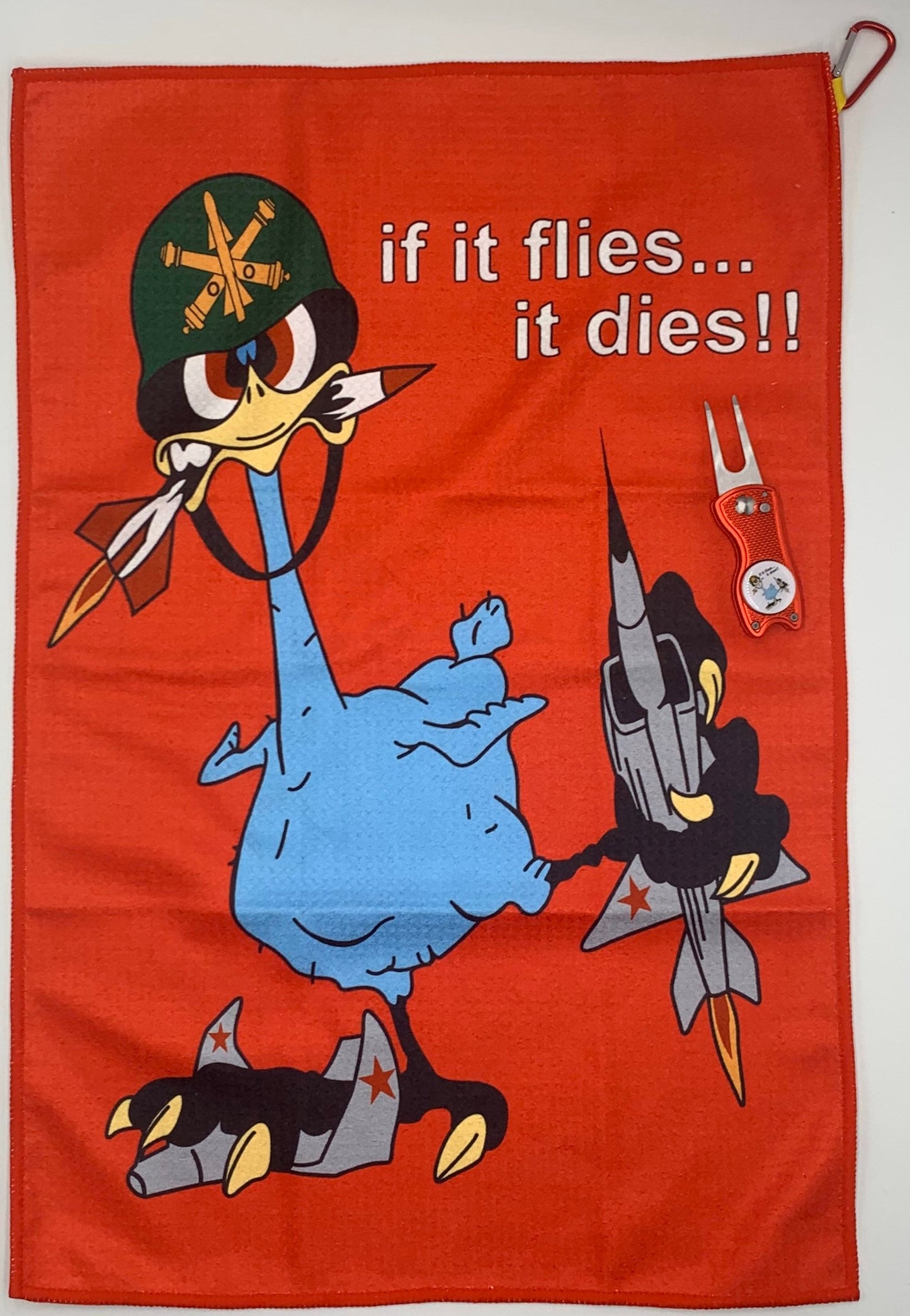 OOzlefinch Red Golf Towel and Divot Tool with OOzlefinch Ball Marker Air Defense Artillery