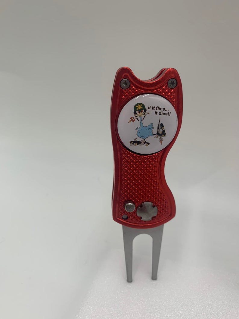 OOzlefinch Red Golf Towel and Divot Tool with OOzlefinch Ball Marker Air Defense Artillery